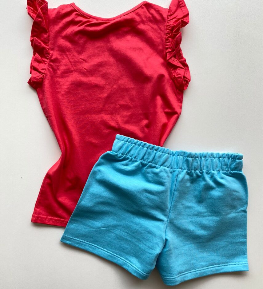 fernandaramoskids com br Conjunto Infantil Feminino Blusa com Estampa Rosa Escuro Short Azul 4