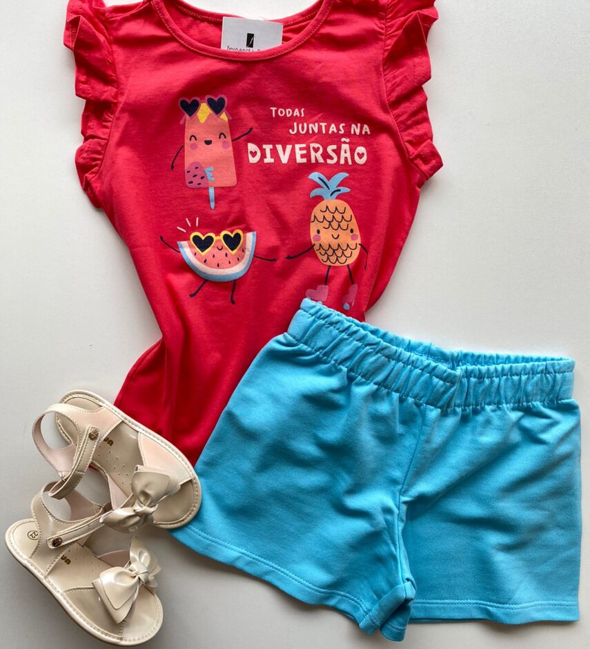 Conjunto Infantil Feminino Blusa com Estampa Rosa Escuro Short Azul Fernanda Ramos Kids