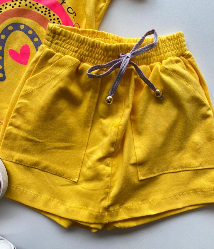 fernandaramoskids com br Conjunto Infantil Feminino Blusa Cropped Arco Iris e Short Saia Amarelo 2