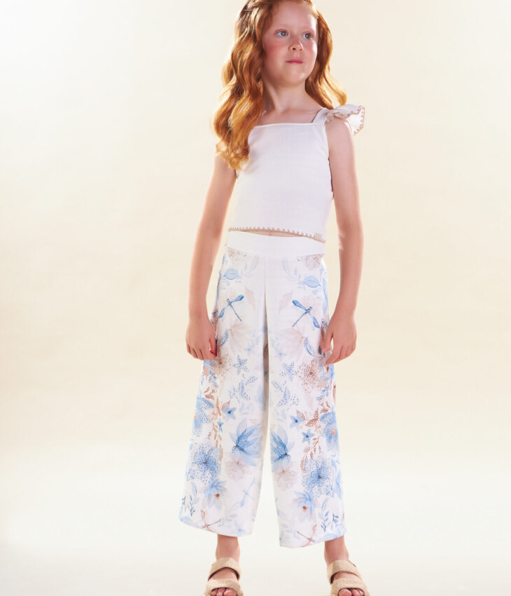 Conjunto Infantil Feminino Blusa Cropped Calça Pantacourt Flor Fernanda ramos kids