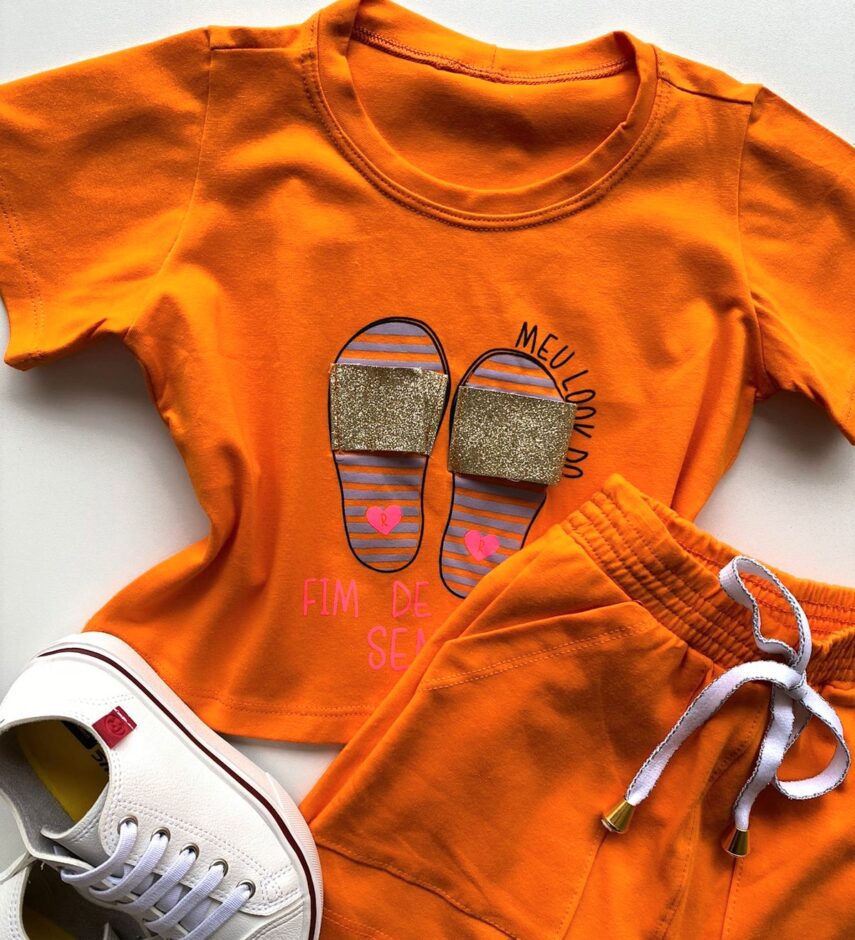fernandaramoskids com br Conjunto Infantil Feminino Blusa Cropped Chinelo e Short Saia Laranja 1