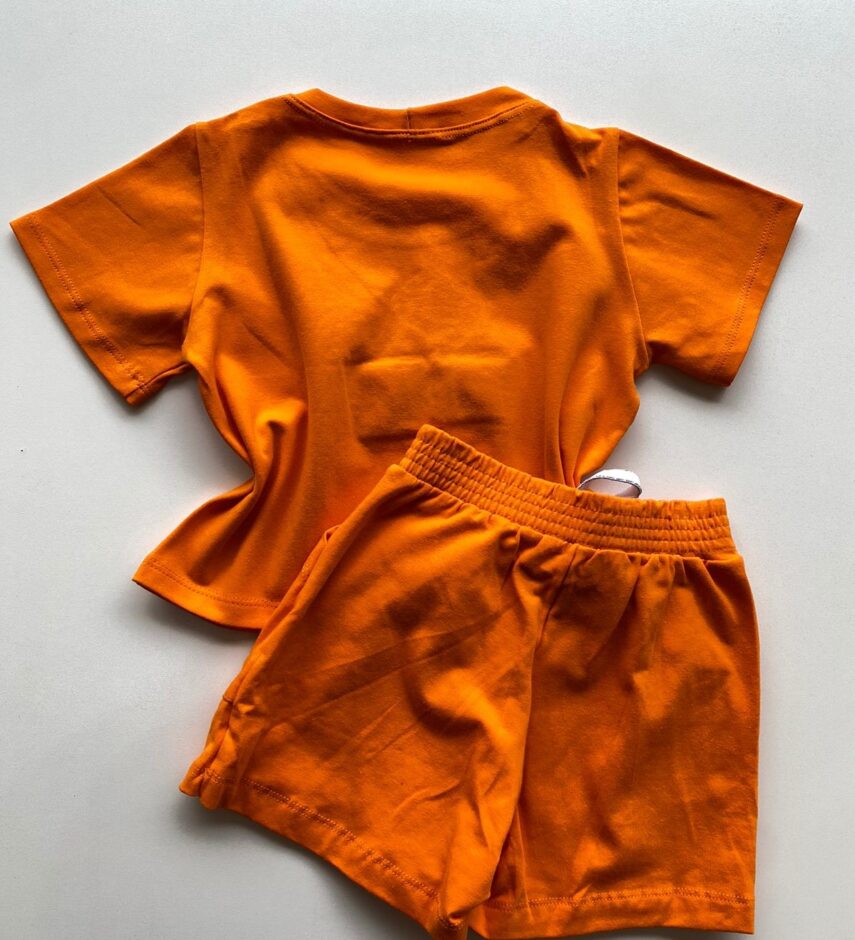 fernandaramoskids com br Conjunto Infantil Feminino Blusa Cropped Chinelo e Short Saia Laranja 3