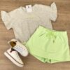 fernandaramoskids com br Conjunto Infantil Feminino Blusa Cropped Cinza Short Saia Verde 1