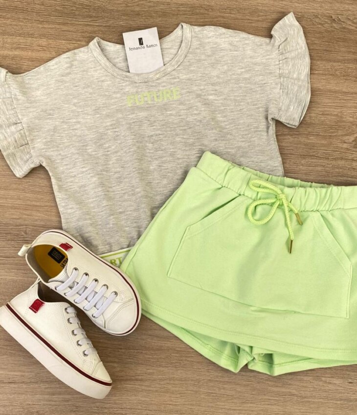 fernandaramoskids com br Conjunto Infantil Feminino Blusa Cropped Cinza Short Saia Verde 1