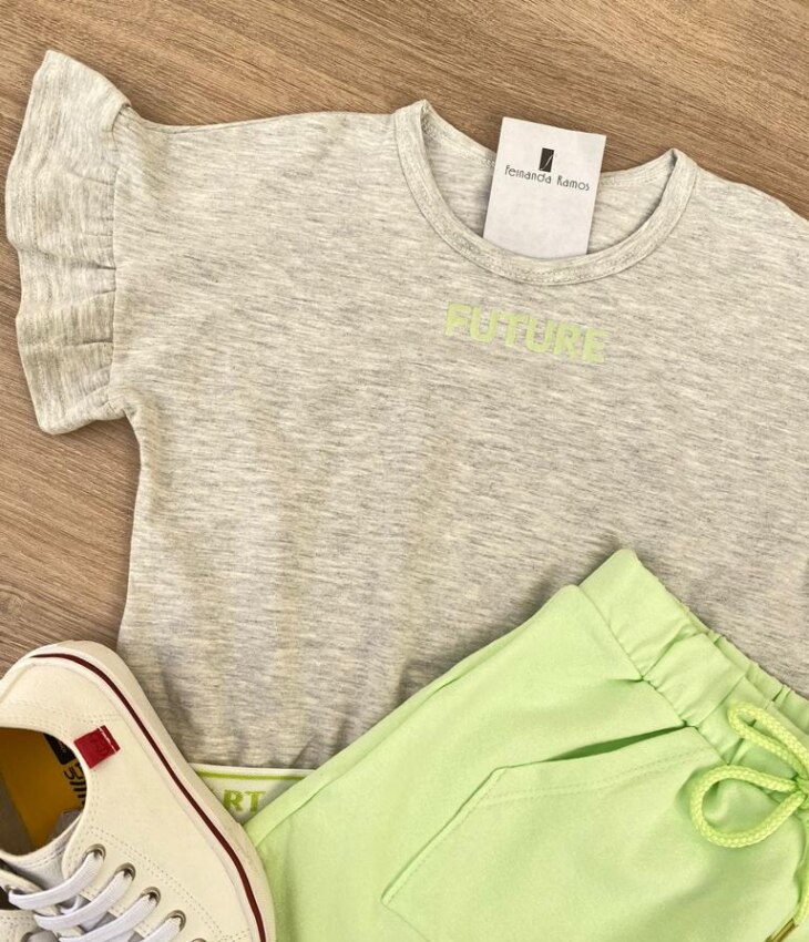 fernandaramoskids com br Conjunto Infantil Feminino Blusa Cropped Cinza Short Saia Verde 2