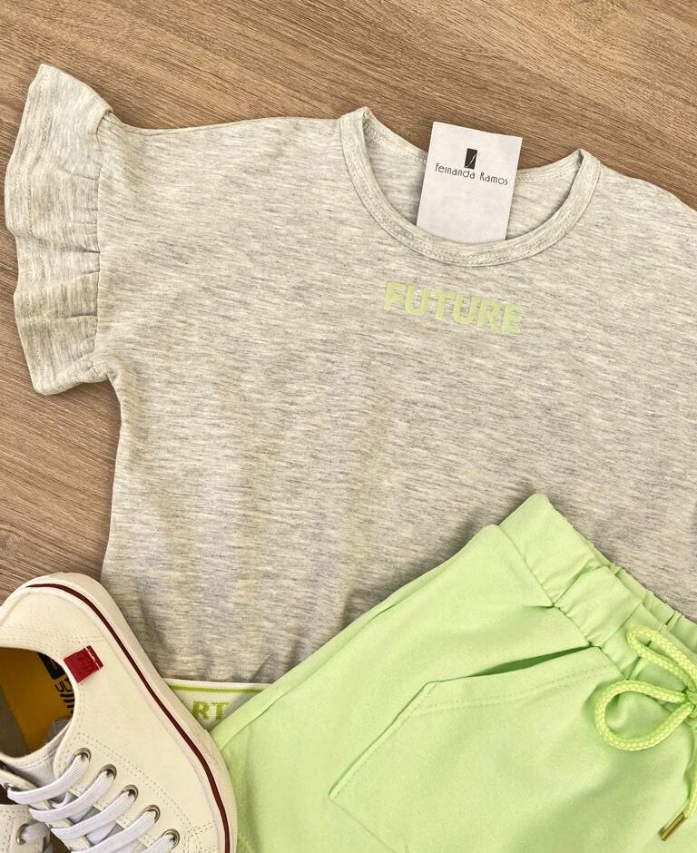 fernandaramoskids com br Conjunto Infantil Feminino Blusa Cropped Cinza Short Saia Verde 2