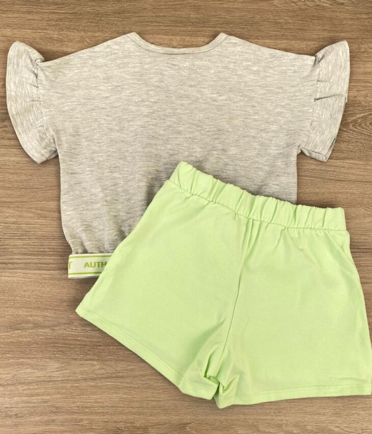 fernandaramoskids com br Conjunto Infantil Feminino Blusa Cropped Cinza Short Saia Verde 4
