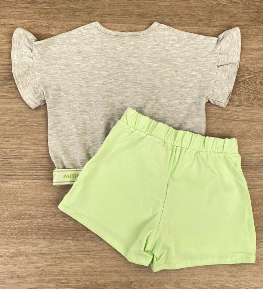 fernandaramoskids com br Conjunto Infantil Feminino Blusa Cropped Cinza Short Saia Verde 4