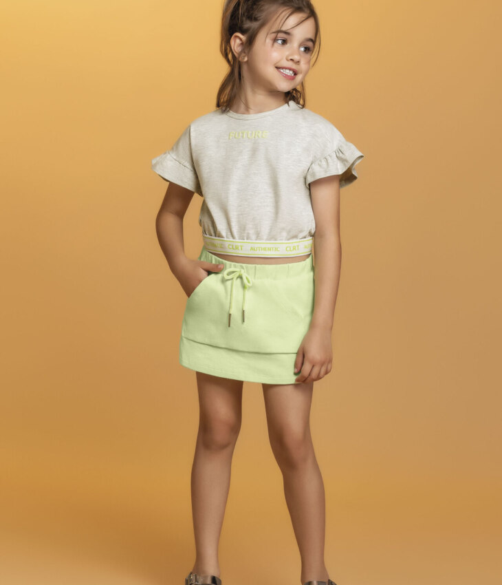 Conjunto Infantil Feminino Blusa Cropped Cinza Short Saia Verde Fernanda ramos kids