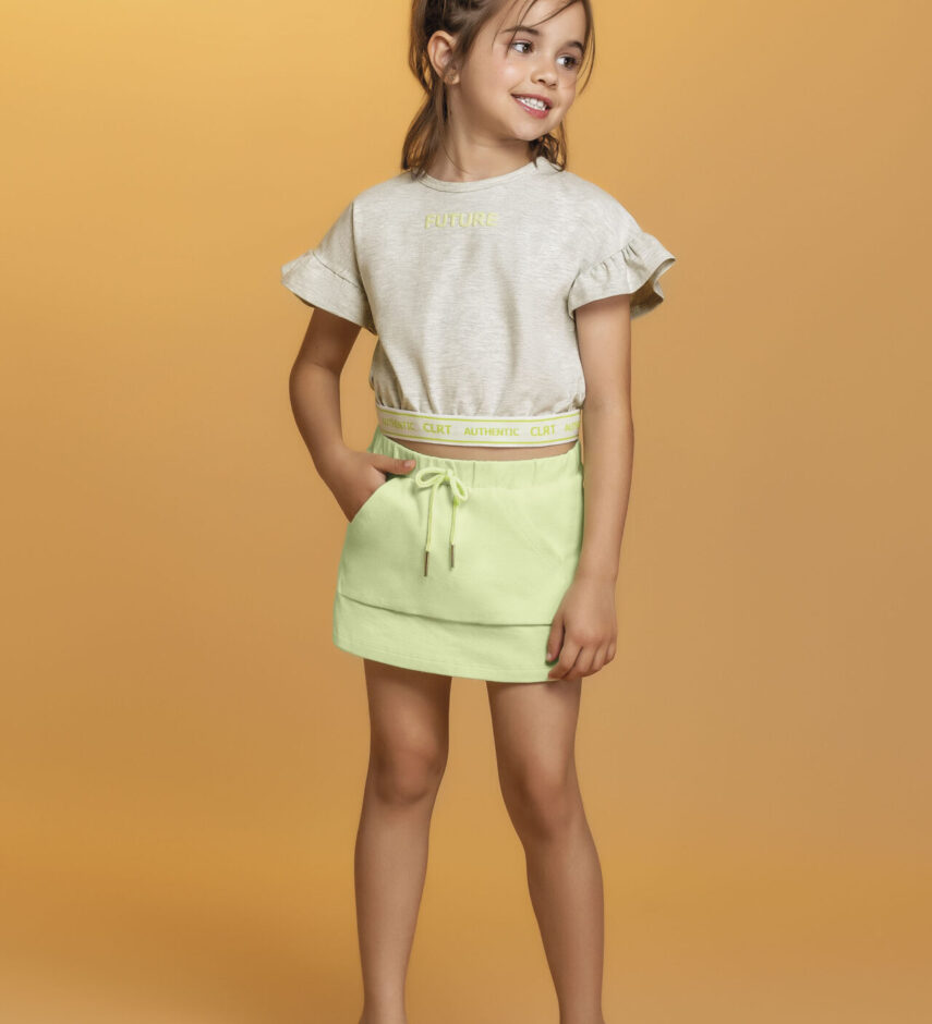 Conjunto Infantil Feminino Blusa Cropped Cinza Short Saia Verde Fernanda ramos kids