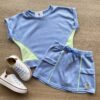 Conjunto Infantil Feminino Blusa Cropped e Short Saia Azul com Detalhe Verde Fernanda Ramos Kids