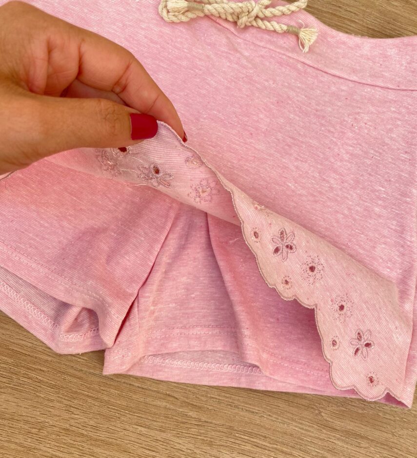fernandaramoskids com br Conjunto Infantil Feminino Blusa Cropped e Short Saia Rosa 1
