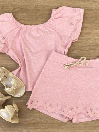 Conjunto Infantil Feminino Blusa Cropped e Short Saia Rosa Fernanda Ramos Kids