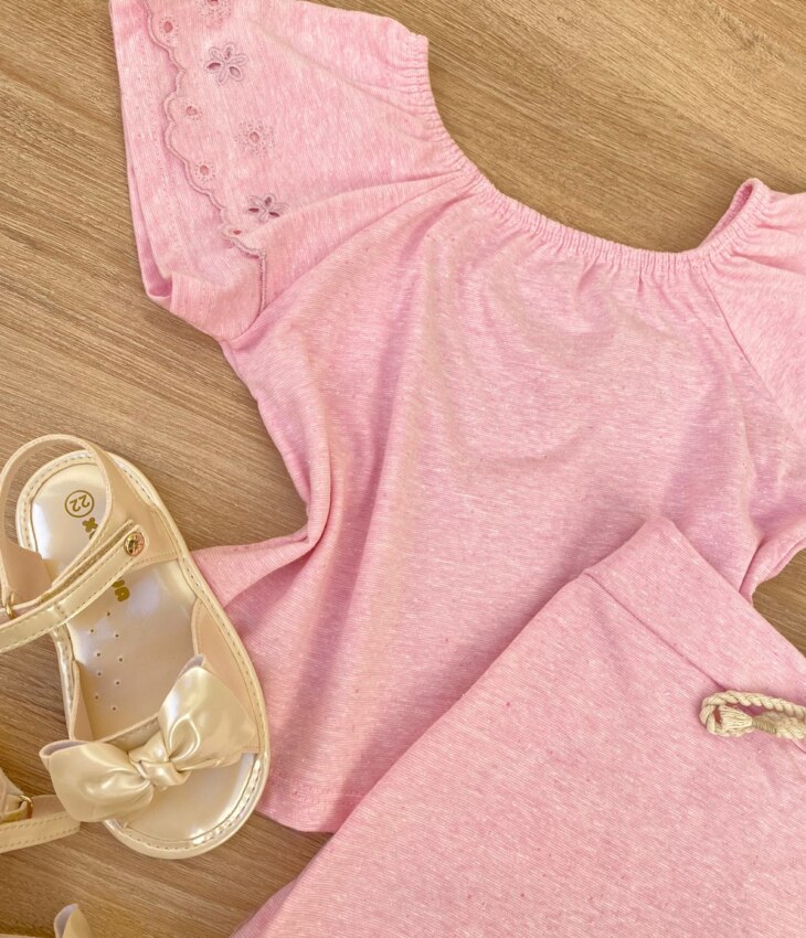 fernandaramoskids com br Conjunto Infantil Feminino Blusa Cropped e Short Saia Rosa 4