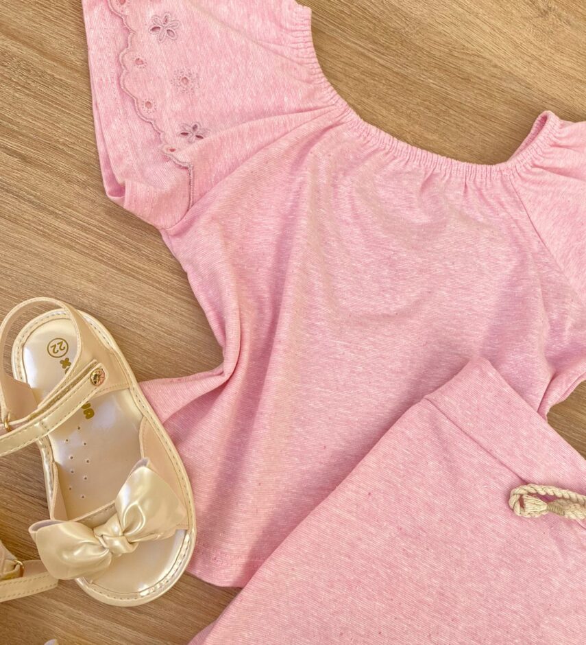 fernandaramoskids com br Conjunto Infantil Feminino Blusa Cropped e Short Saia Rosa 4