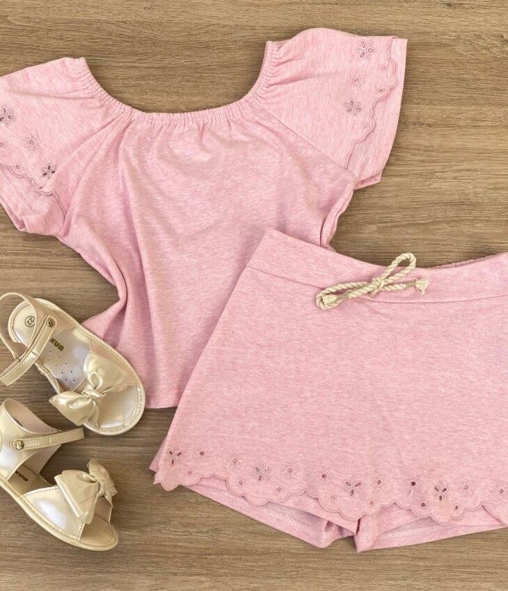 Conjunto Infantil Feminino Blusa Cropped e Short Saia Rosa Fernanda Ramos Kids