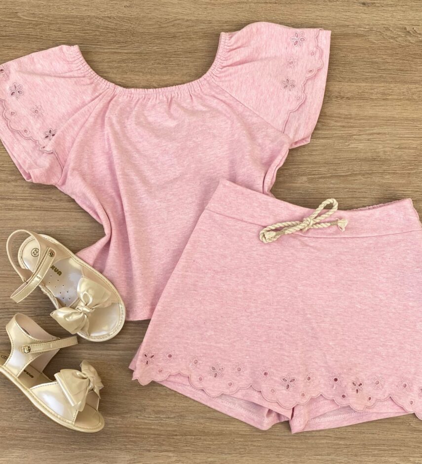 Conjunto Infantil Feminino Blusa Cropped e Short Saia Rosa Fernanda Ramos Kids