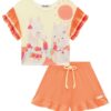 fernandaramoskids com br Conjunto Infantil Feminino Blusa Cropped Estampada e Short Laranja 1