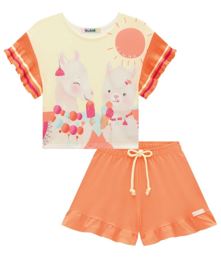 fernandaramoskids com br Conjunto Infantil Feminino Blusa Cropped Estampada e Short Laranja 1