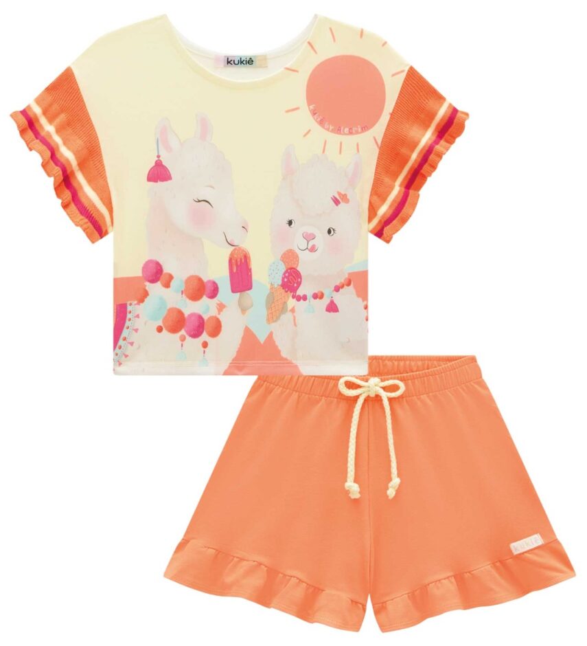 fernandaramoskids com br Conjunto Infantil Feminino Blusa Cropped Estampada e Short Laranja 1