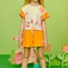 Conjunto Infantil Feminino Blusa Cropped Estampada e Short Laranja Fernanda Ramos Kids