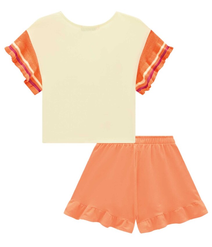 fernandaramoskids com br Conjunto Infantil Feminino Blusa Cropped Estampada e Short Laranja 2