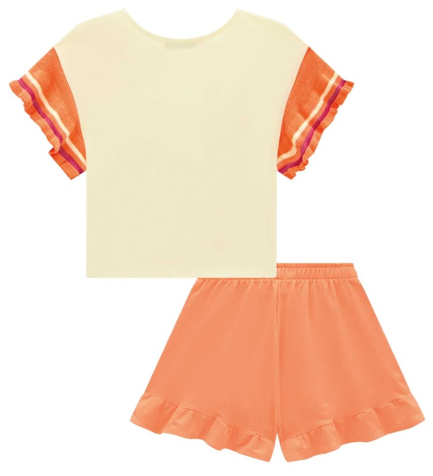 fernandaramoskids com br Conjunto Infantil Feminino Blusa Cropped Estampada e Short Laranja 2