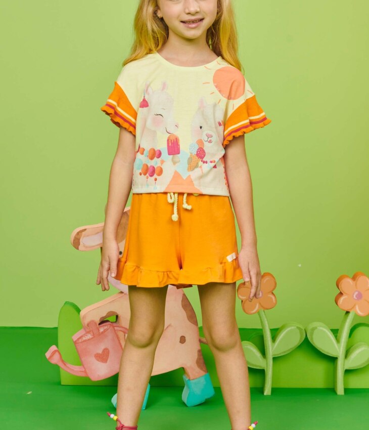 Conjunto Infantil Feminino Blusa Cropped Estampada e Short Laranja Fernanda Ramos Kids