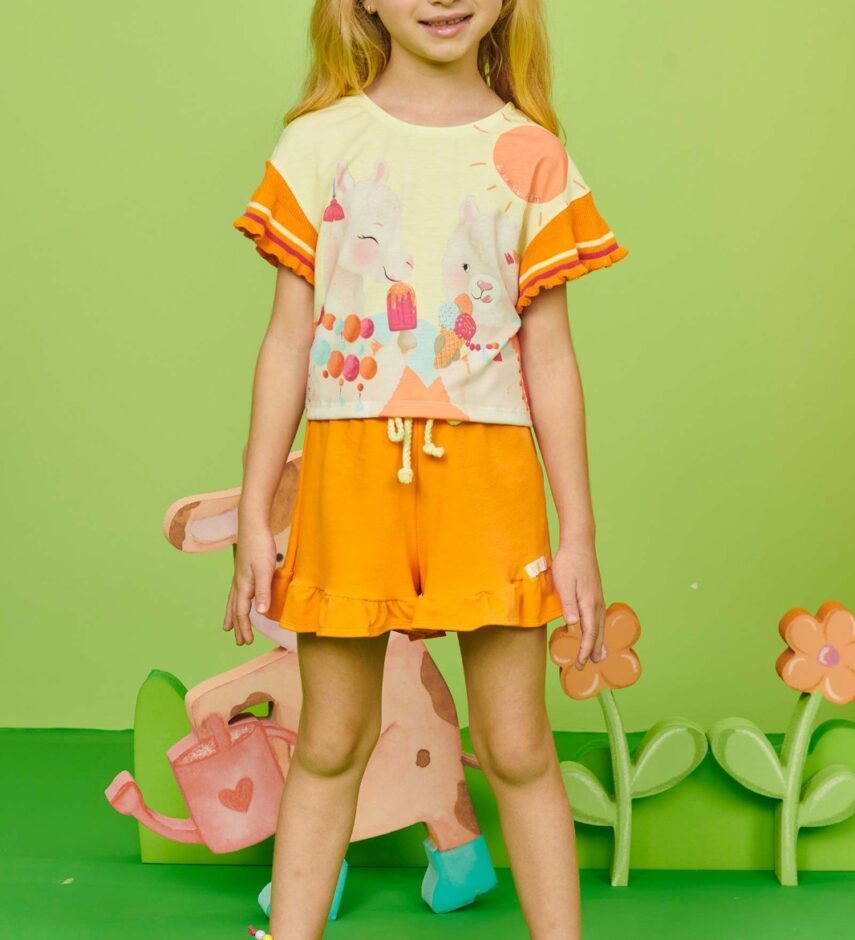 Conjunto Infantil Feminino Blusa Cropped Estampada e Short Laranja Fernanda Ramos Kids