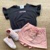 Conjunto Infantil Feminino Blusa Cropped Preto Short Saia Rosa Fernanda Ramos Kids