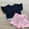 fernandaramoskids com br Conjunto Infantil Feminino Blusa Cropped Preto Short Saia Rosa 4