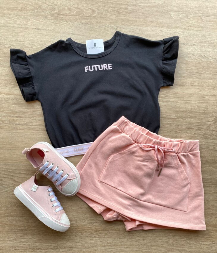 Conjunto Infantil Feminino Blusa Cropped Preto Short Saia Rosa Fernanda Ramos Kids