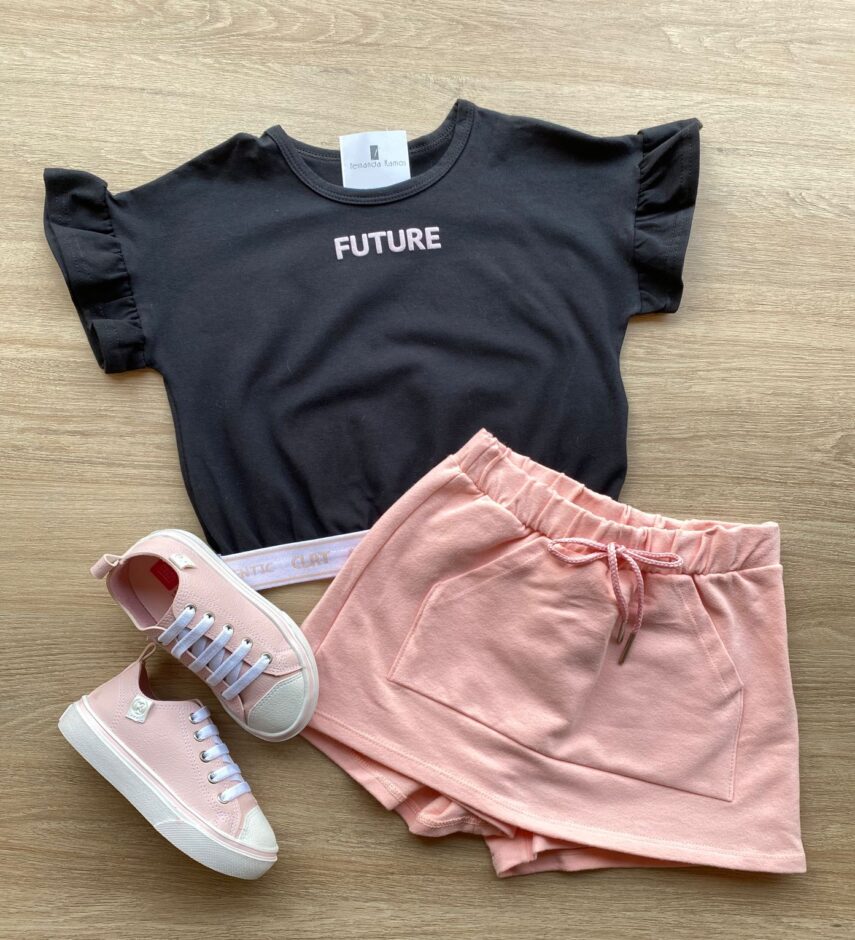 Conjunto Infantil Feminino Blusa Cropped Preto Short Saia Rosa Fernanda Ramos Kids