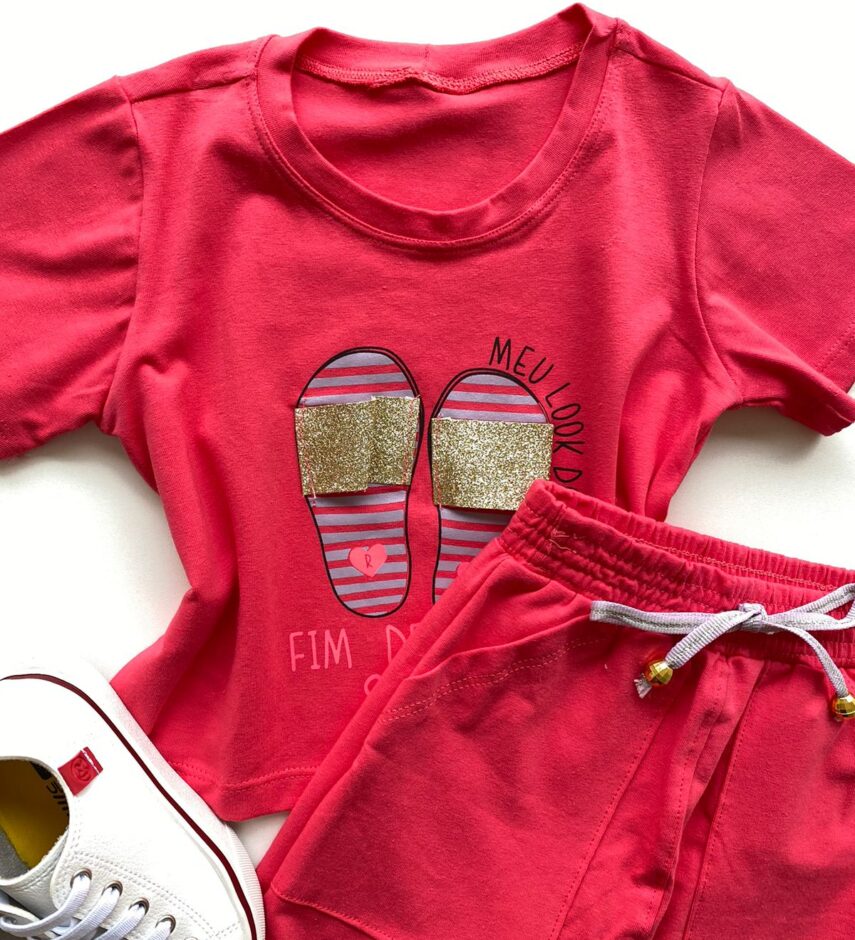 fernandaramoskids com br Conjunto Infantil Feminino Blusa Cropped Rosa e Short Saia Rosa 1
