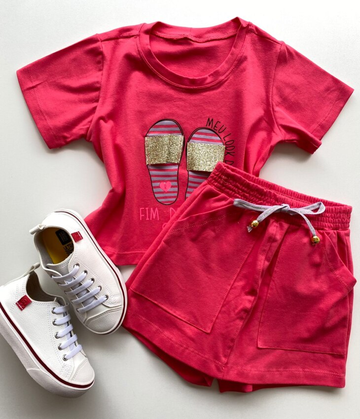 Conjunto Infantil Feminino Blusa Cropped Rosa e Short Saia Rosa Fernanda Ramos Store