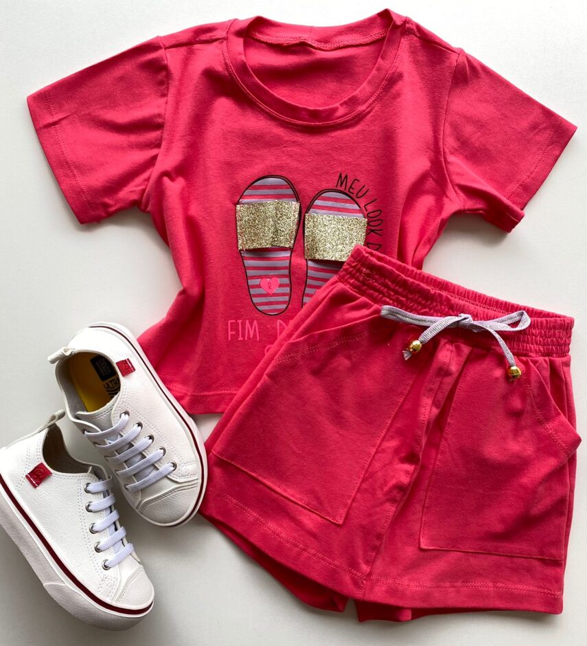 Conjunto Infantil Feminino Blusa Cropped Rosa e Short Saia Rosa Fernanda Ramos Store