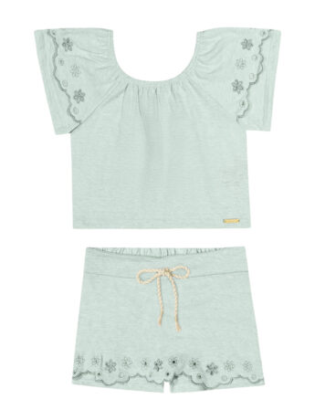 conjunto Infantil Feminino Blusa Cropped Short Saia Verde Água Fernanda ramos kids