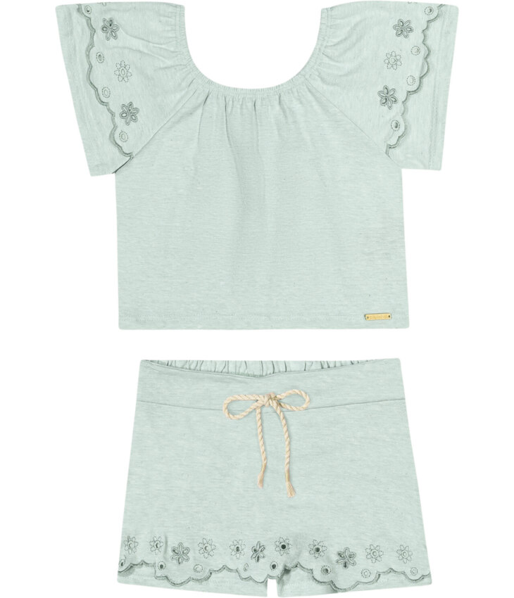 conjunto Infantil Feminino Blusa Cropped Short Saia Verde Água Fernanda ramos kids