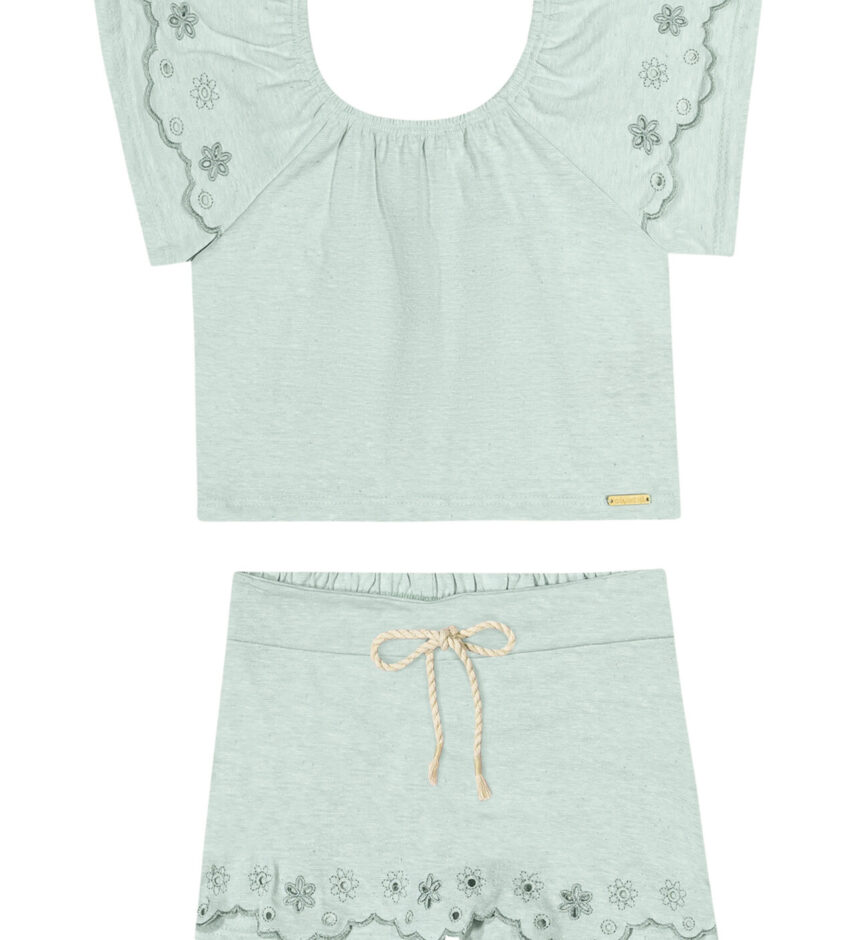 conjunto Infantil Feminino Blusa Cropped Short Saia Verde Água Fernanda ramos kids