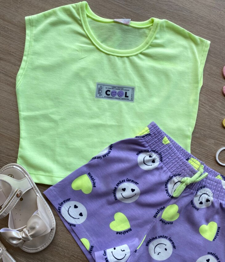 fernandaramoskids com br Conjunto Infantil Feminino Blusa Cropped Verde Lima e Short Lilás 1