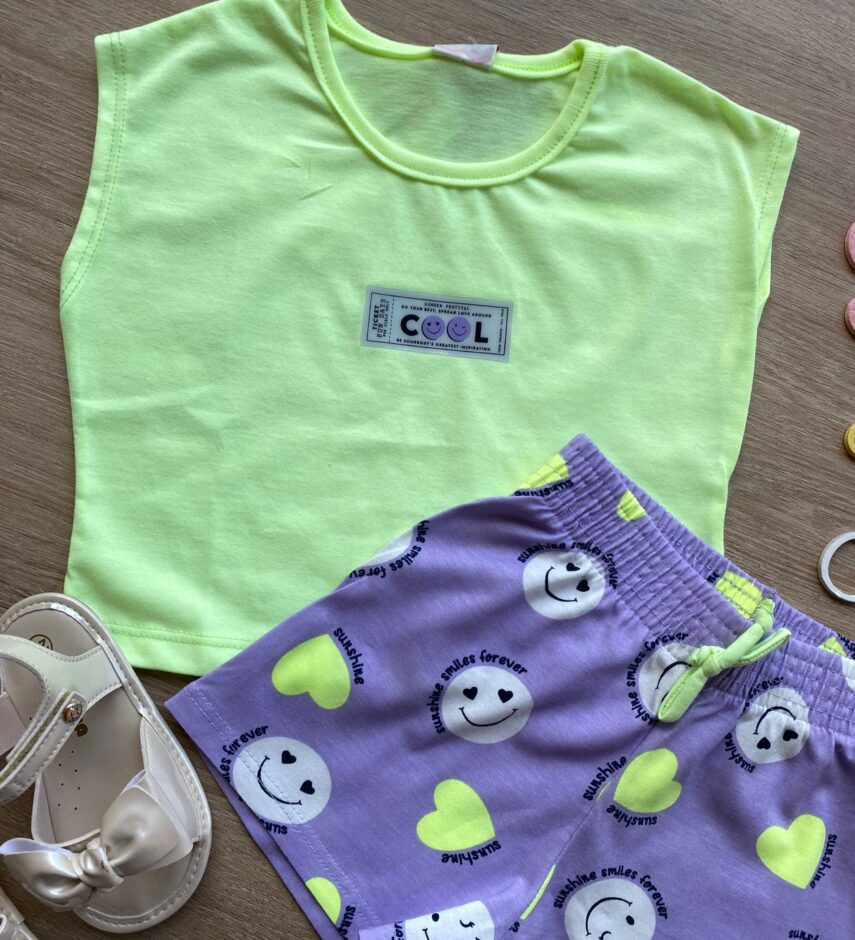 fernandaramoskids com br Conjunto Infantil Feminino Blusa Cropped Verde Lima e Short Lilás 1