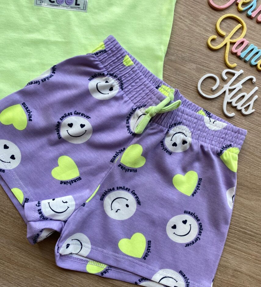 fernandaramoskids com br Conjunto Infantil Feminino Blusa Cropped Verde Lima e Short Lilás 2