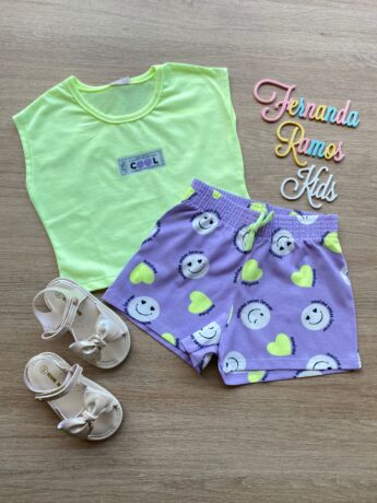 Conjunto Infantil Feminino Blusa Cropped Verde Lima e Short Lilás Fernanda Ramos Kids