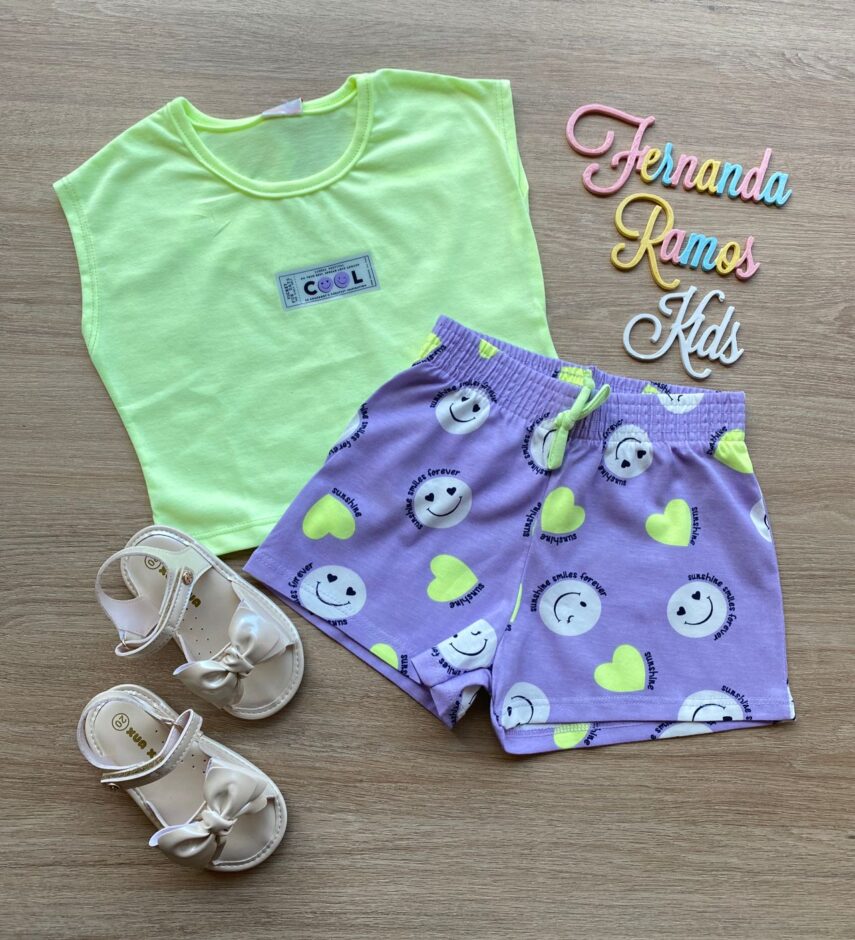 Conjunto Infantil Feminino Blusa Cropped Verde Lima e Short Lilás Fernanda Ramos Kids