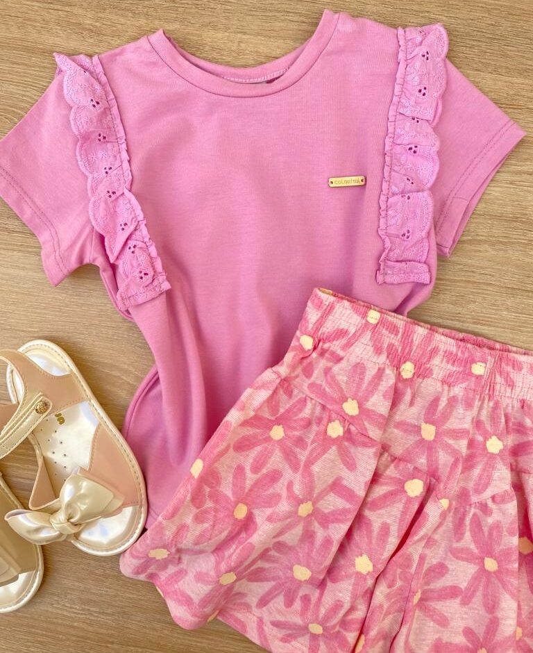 fernandaramoskids com br Conjunto Infantil Feminino Blusa e Short Estampa Floral Rosa 2