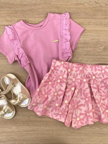 Conjunto Infantil Feminino Blusa e Short Estampa Floral Rosa Fernanda Ramos Kids