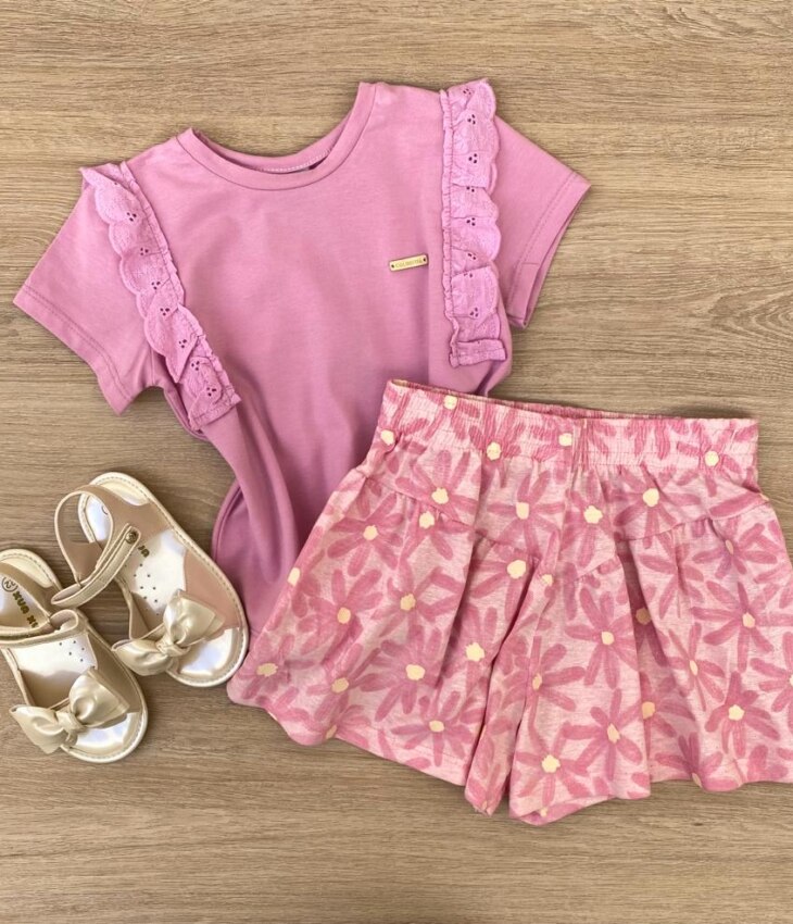 Conjunto Infantil Feminino Blusa e Short Estampa Floral Rosa Fernanda Ramos Kids