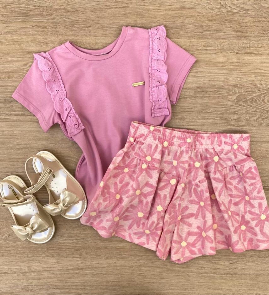 Conjunto Infantil Feminino Blusa e Short Estampa Floral Rosa Fernanda Ramos Kids