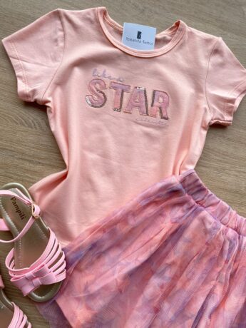 fernandaramoskids com br Conjunto Infantil Feminino Blusa e Short Saia com Tule Salmão 1