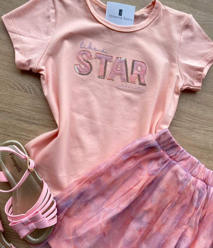 fernandaramoskids com br Conjunto Infantil Feminino Blusa e Short Saia com Tule Salmão 1